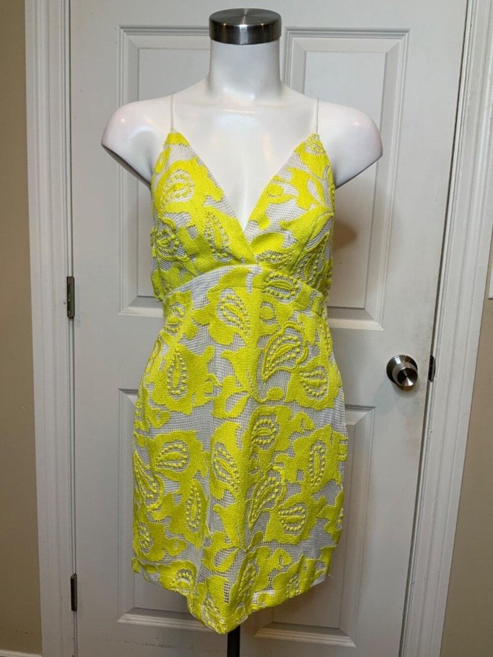 Maeve Yellow White Strappy Lace Mini Dress, Size 4